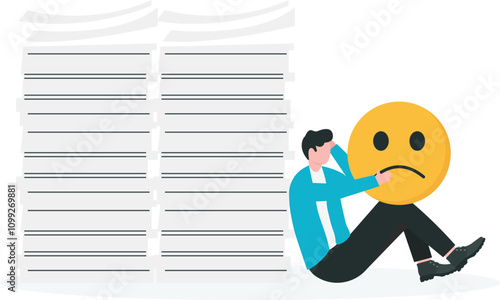Stress and depression from overwork or too many responsibilities, toxic work environment, job burnout concept, Businessman feeling depressed sitting near negative emoji and stack of documents.

