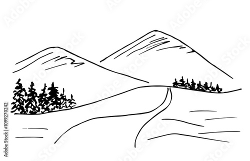 Winter nature, mountain landscape. Coniferous trees, road into the distance, snowdrifts. Simple hand drawn vector illustration with black outline. Sketch in ink.