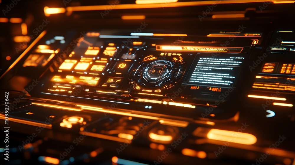 Obraz premium Futuristic orange digital interface display with glowing elements.