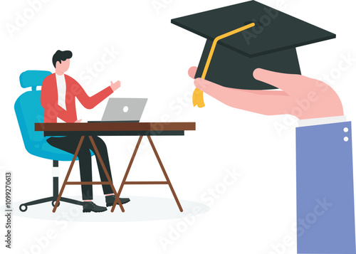 Providing educational opportunity for employees, corporate scholarship for further study in the field of work concept. Employee showing delighted expression when boss hand gives graduation cap for him
