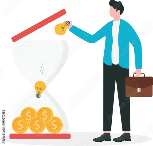 Increasing knowledge and experience along career path, collecting ideas to apply in future work, personal skill development concept. Smart business putting ideal light bulbs into sandglasses.

