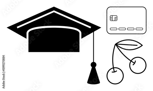 Graduation cap with tassel, credit card, and cherries. Ideal for education, finance, agriculture, banking, culinary achievement success. Line metaphor