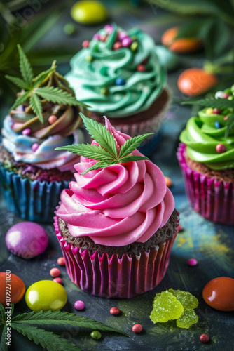 Colorful cupcakes with cannabis leaves, swirled frosting, assorted toppings. Edible delights concept, creative culinary presentation. CBD edible concept, wellness, recreational use photo