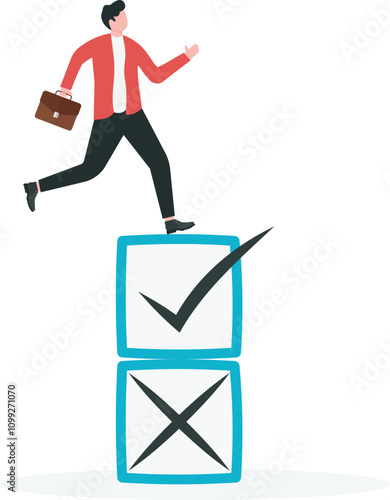 Development in work, career improvement, learning from mistakes for success, changing to right direction concept. Smart business man jump from crossed check boxes to ticked checkboxes.

