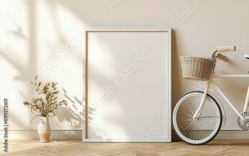 A peaceful kidâ€™s room scene with a blank poster frame leaning against a white wooden bicycle with a basket, soft natural lighting from the side.  photo