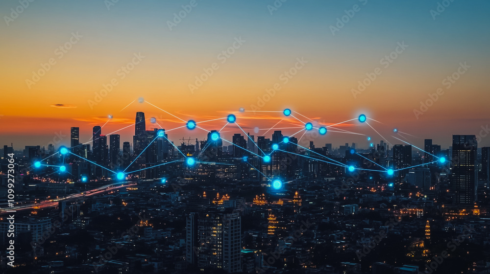 Obraz premium Smart digital Innovation city with connection network reciprocity over the sunset cityscape. of future wireless digital city and social media networking systems that connects people with in city