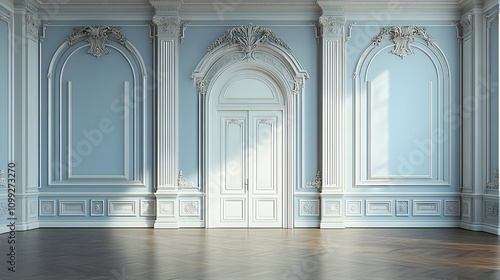 Elegant 3D Room Interior Design Background, Classic Blue Walls, White Moldings