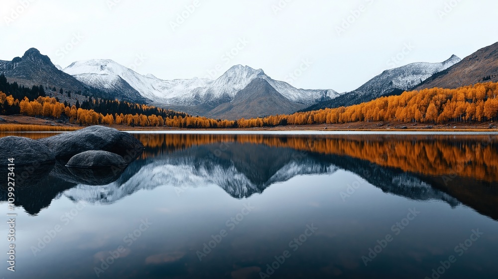 Fototapeta Tranquil lake with clear reflection of snow-capped mountains and golden autumn trees in a serene landscape