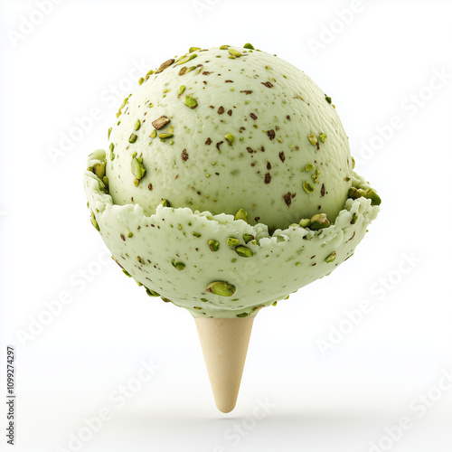 Creamy Pistachio Gelato Scoop Captured in Detail on a White Background for Dessert-Themed Imagery photo