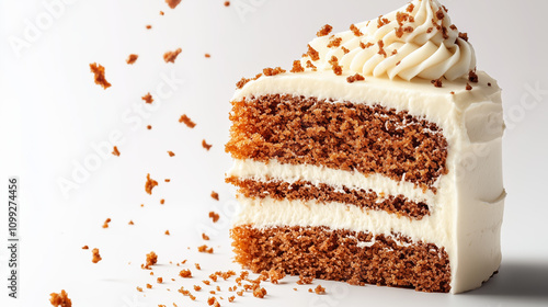 Elegant Carrot Cake Slice with Cream Cheese Frosting, Moist Texture, and Rich Flavor, Isolated on White Background photo