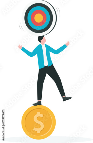 Uncertain or ambiguous business goal, hesitation in business decision or career path, business determination concept. Acrobat businessmen try to maintain a target on his head.

