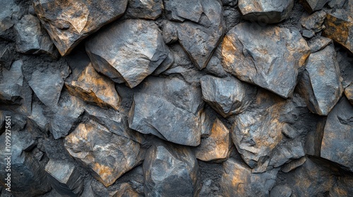 Dark, rough-textured rock wall; varied sizes and shades of grey and brown. Ideal for backgrounds, textures, or to evoke themes of strength, nature, or geology. photo