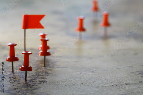 Photography Strategic Planning with Red Push Pins and Flags on a World Map