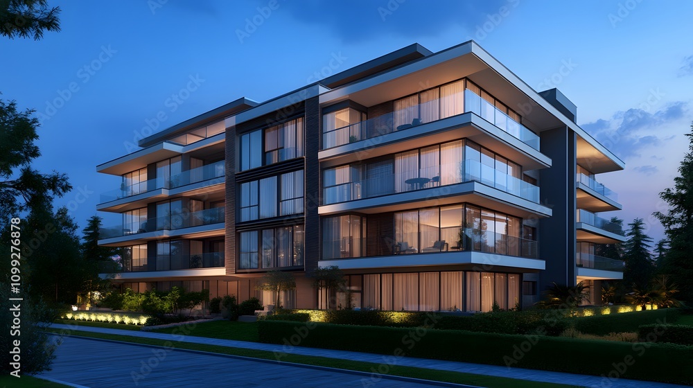 Obraz premium Modern apartment building at dusk.