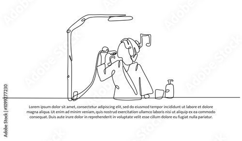 Continuous one line design of a woman is taking a shower while singing in the bathroom. Minimalist style vector illustration on white background.