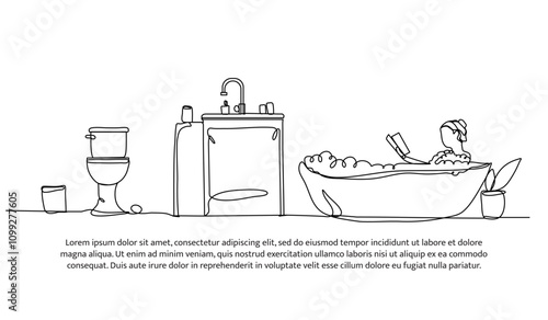 Continuous one line design of a woman is soaking in the bathtub while reading a book. Minimalist style vector illustration on white background.