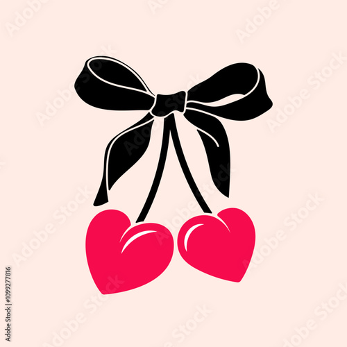 Heart cherry with bow. Cute trendy design. Ballet, coquette core print.