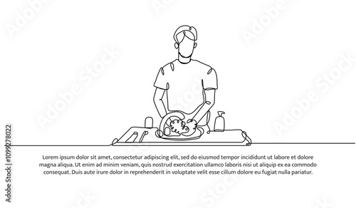 Continuous one line design of a man is washing dishes in the sink. Minimalist style vector illustration on white background.