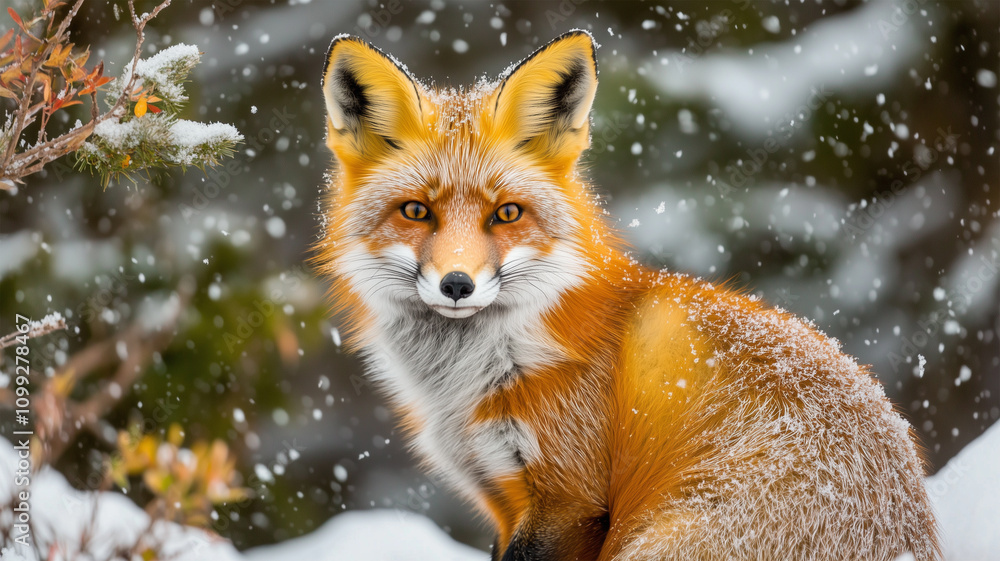 Obraz premium 雪の中の美しい赤いキツネ