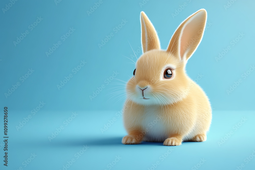 Fototapeta premium A cute, fluffy rabbit sitting against a light blue background, showcasing its adorable features.