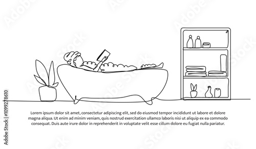 Continuous one line design of a woman is soaking in a bathtub. Minimalist style vector illustration on white background.