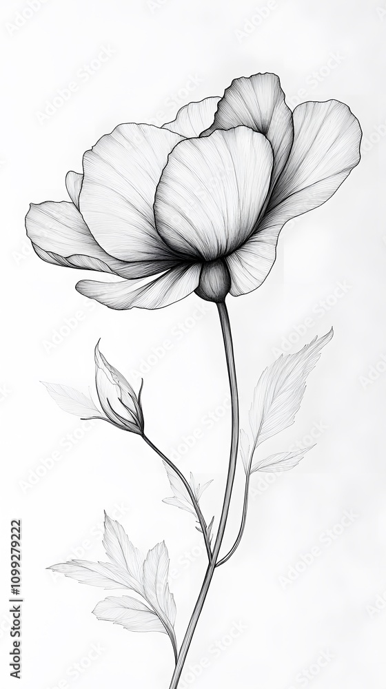 Fototapeta premium Monochrome line art drawing of a single poppy flower.