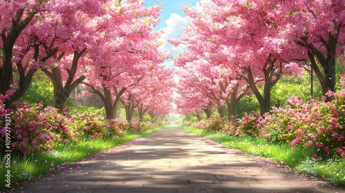 Vibrant Cherry Blossom Avenue in a City Park