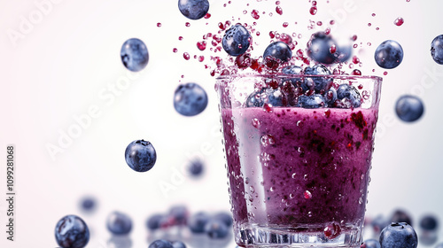 Homemade Blueberry Smoothie in a Clear Glass with Ice Cubes, Refreshing and Nutritious Beverage photo