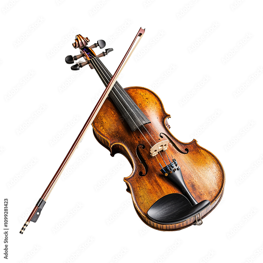 Fototapeta premium Elegant violin and bow isolated on transparent background. Classical string instrument.