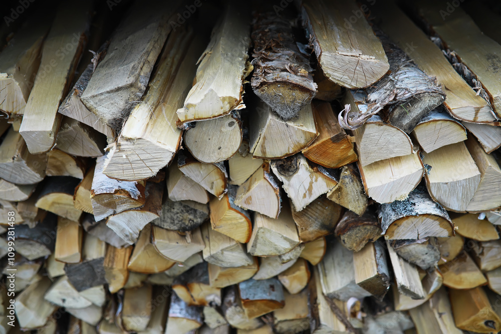 Fototapeta premium Stacked Firewood Logs: Neatly Cut Piles for Heating and Outdoor Use