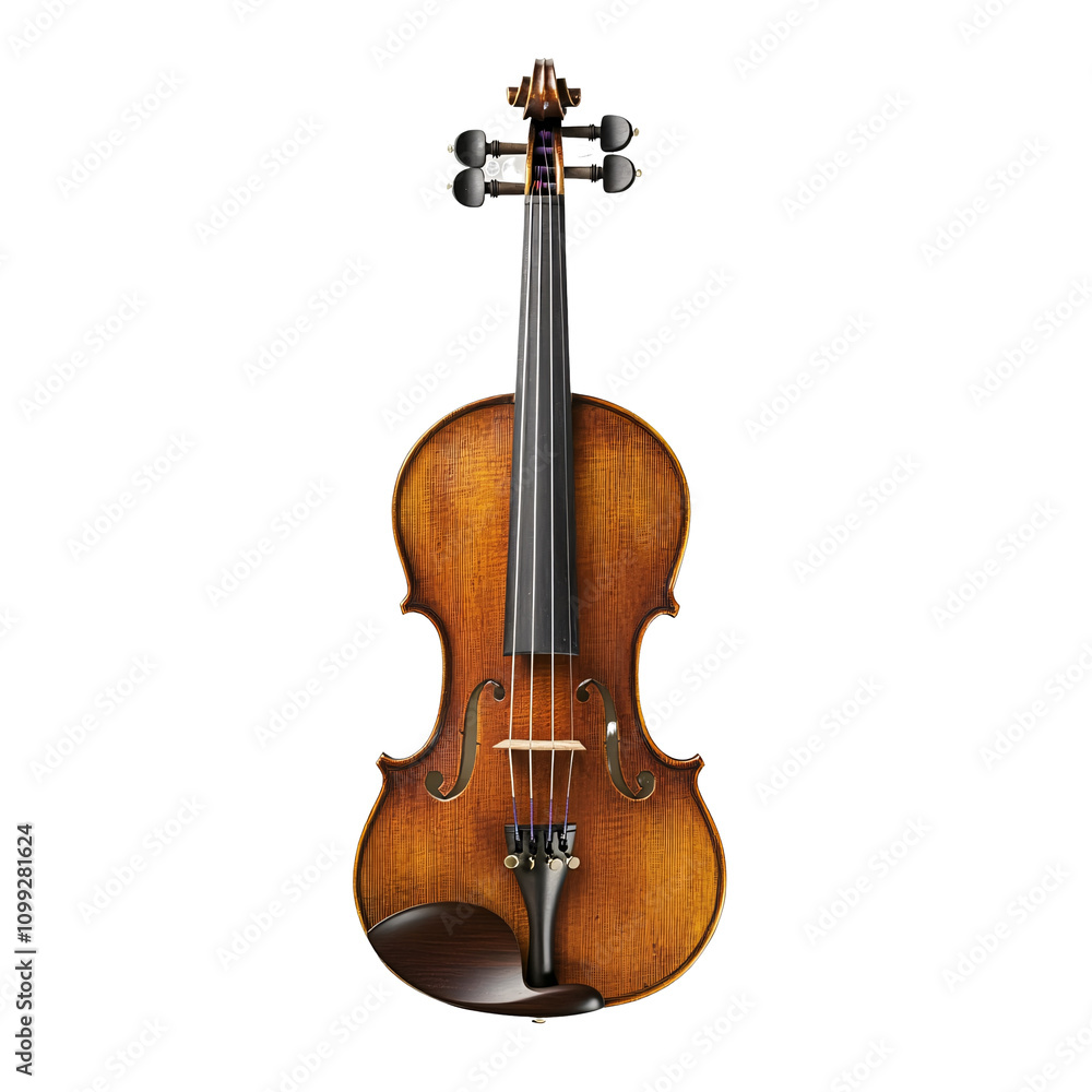Fototapeta premium Elegant violin and bow isolated on transparent background. Classical string instrument.