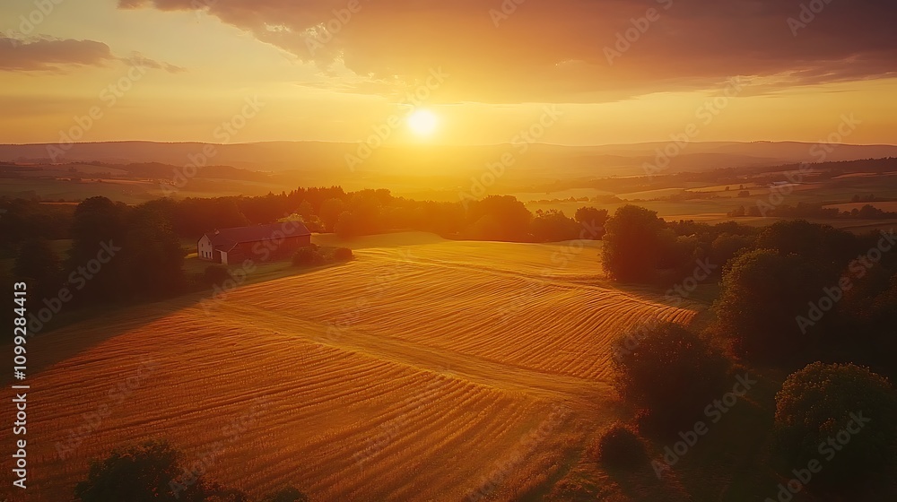 Fototapeta premium Drone shot capturing the warm hues of sunset over farmland, the sky transitioning from gold to deep purple, shadows of trees and barns stretching across the fields, vibrant and natural colors,