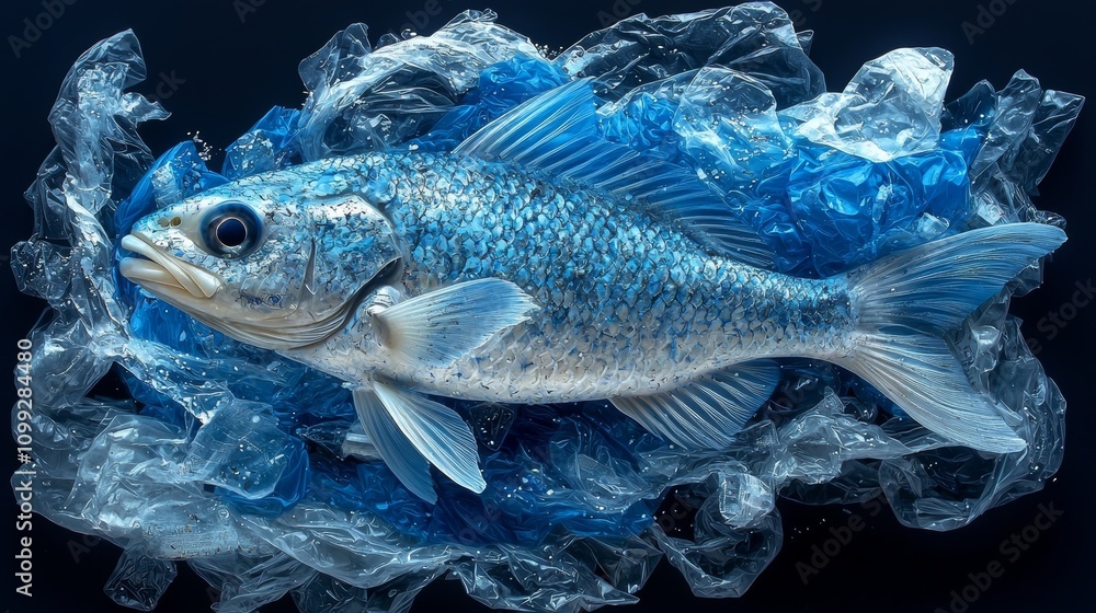 Fototapeta premium Fish Swimming Through Plastic Waste in Water