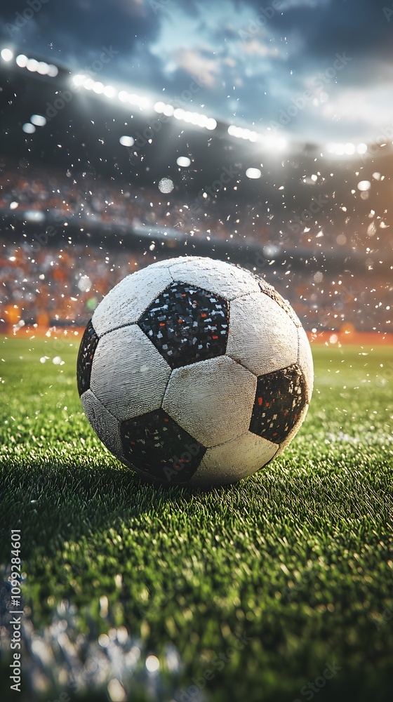 Fototapeta premium Soccer ball on wet grass in stadium.