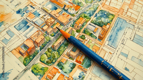 Urban project planning. Green sustainable design, creating eco friendly, energy efficiency, and blueprints sources for a urban environment watercolor and grid line vector illustration concept.