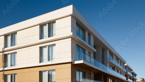 Modern Apartment Building with Glass Balcony and Clear Blue Sky