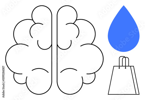 Brain outline next to a blue water droplet and a shopping bag conveying creativity, sustainability, and commerce. Ideal for education, wellness, environment, shopping, innovation, mind mapping