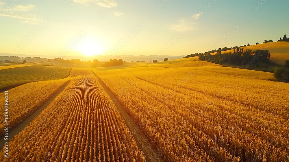 Fototapeta premium High-altitude shot of golden cornfields ready for harvest, a patchwork of vibrant yellow and green hues, sunlight casting long shadows, distant hills and trees lining the horizon, crisp details,