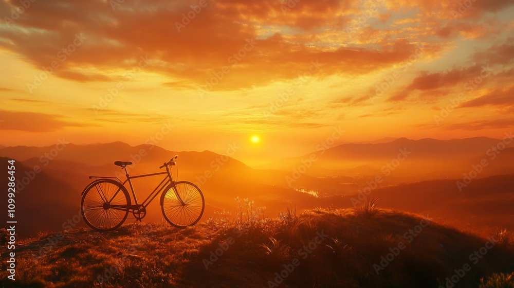 Fototapeta premium Sunset Overlook with Bicycle Silhouette in Serene Landscape