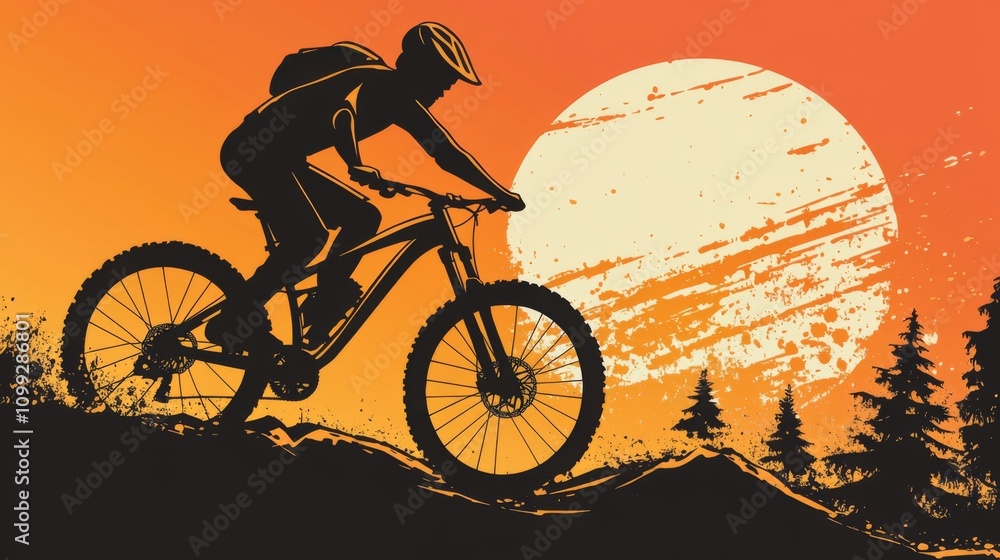 Fototapeta premium Mountain Biker Riding on a Scenic Trail at Sunset in Nature