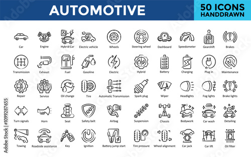 Automotive icon set with car, engine, hybrid car, electric vehicle, wheels, steering wheel, dashboard, speedometer, gearshift, brakes icon. Simple handdrawn vector 
