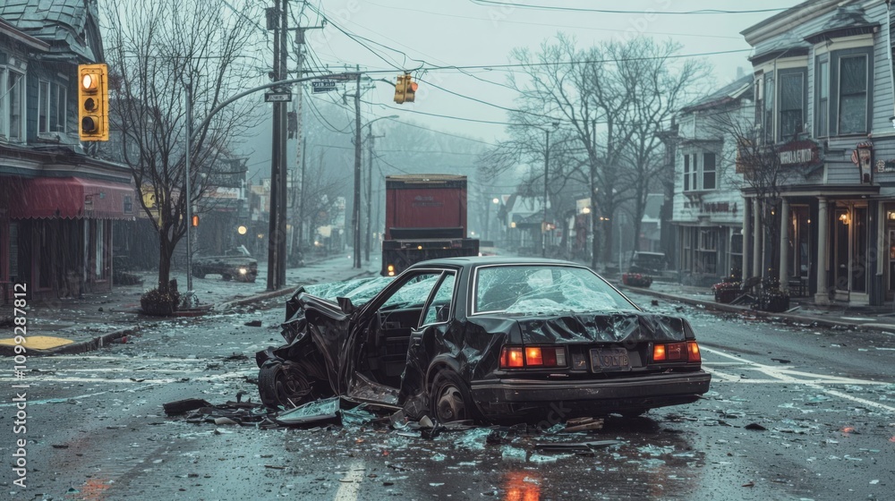 Obraz premium A wrecked car at an intersection.