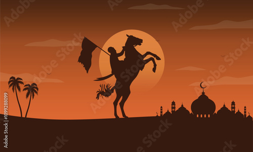 Muslim warrior on horse carrying a flag illustration