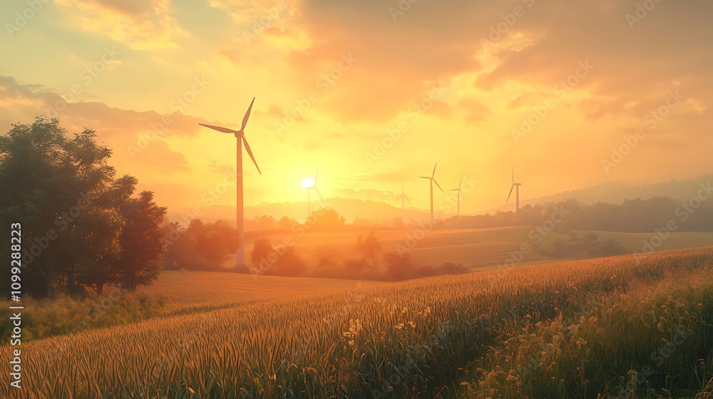 Obraz premium High-angle shot of wind turbines standing tall on farmland, fields filled with corn and wheat ready for harvest, warm golden light of sunset casting a glow over the landscape, photorealistic details,