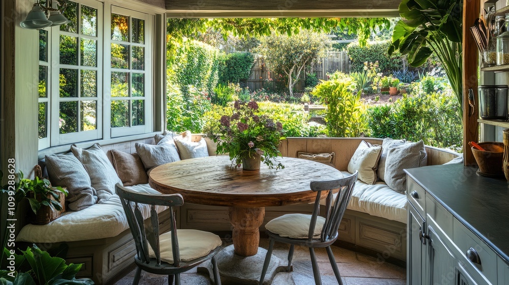 Fototapeta premium A cozy French country kitchen nook featuring a round wooden table