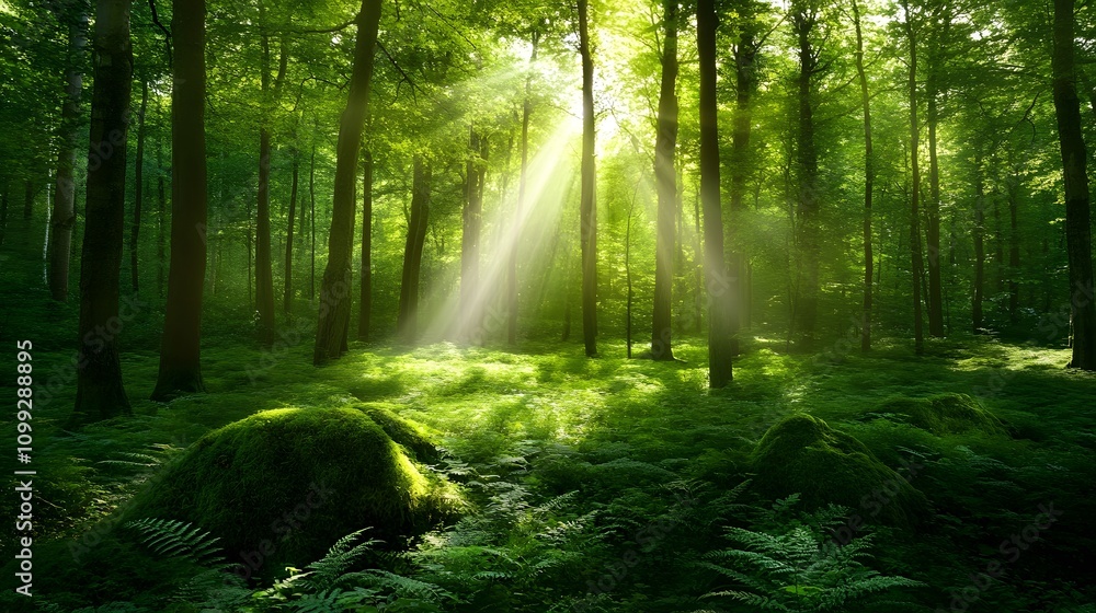 Obraz premium Sunbeams illuminate lush green forest floor, mossy rocks, and tall trees.