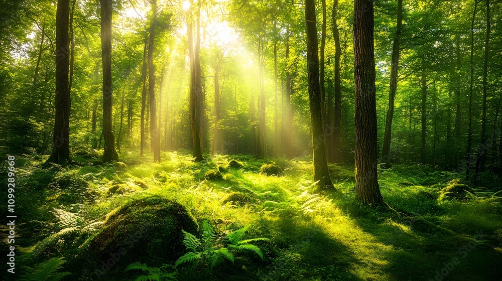 Obraz premium Sunbeams illuminating lush green forest floor with moss, ferns, and trees.