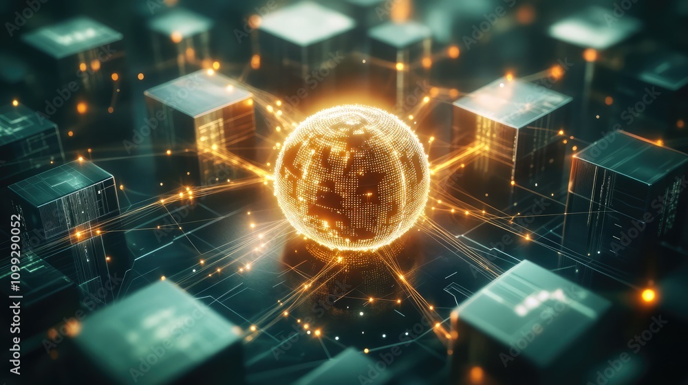 Obraz premium An abstract, futuristic blockchain hub visualized as a glowing sphere surrounded by interconnected data blocks. The blocks emit light as encrypted information flows between them.