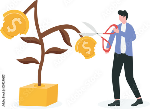 Stop loss strategy to prevent incurring huge loss from rapid fall in stock or cryptocurrency price, risk management in trading concept. Businessman reluctantly cutting a withered branch of the money t