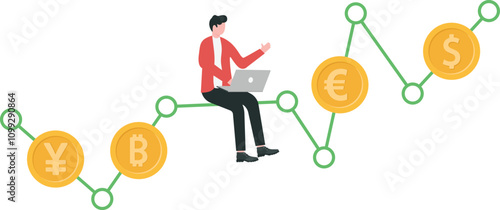 Foreign exchange market trading, forex market investment, speculation on exchange rate fluctuation, Businessman trading on graph with currency symbols.
